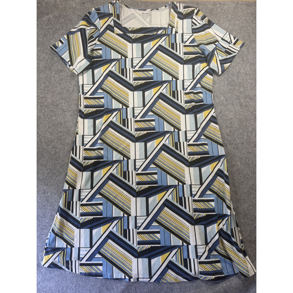 Vicki Wayne Geometric Shift Dress XL Blue Yellow Abstract Cotton Blend